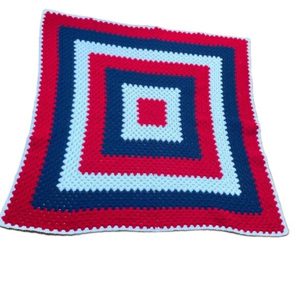 Handmade Crocheted Square Blanket Throw Afghan Red White Blue 46 x 46 inches - Picture 1 of 6